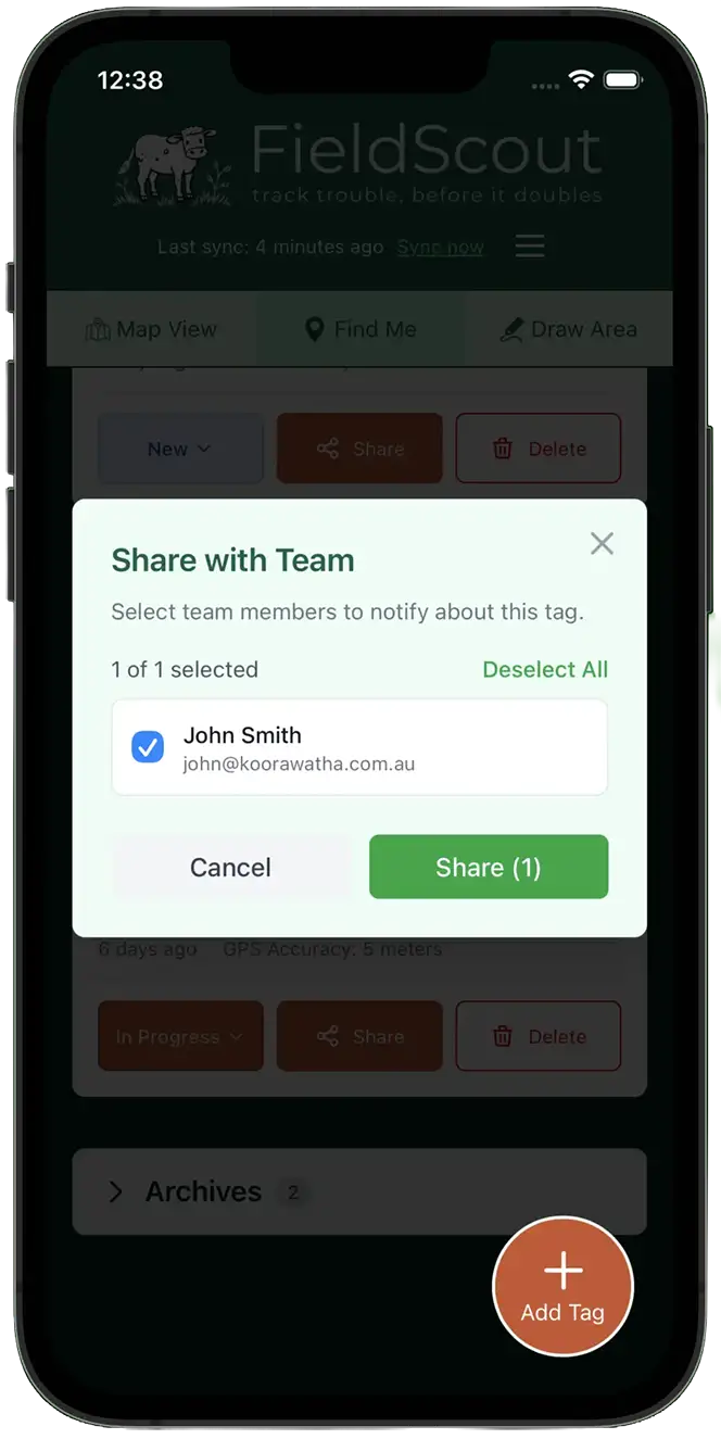 FieldScout app screenshot showing sharing features